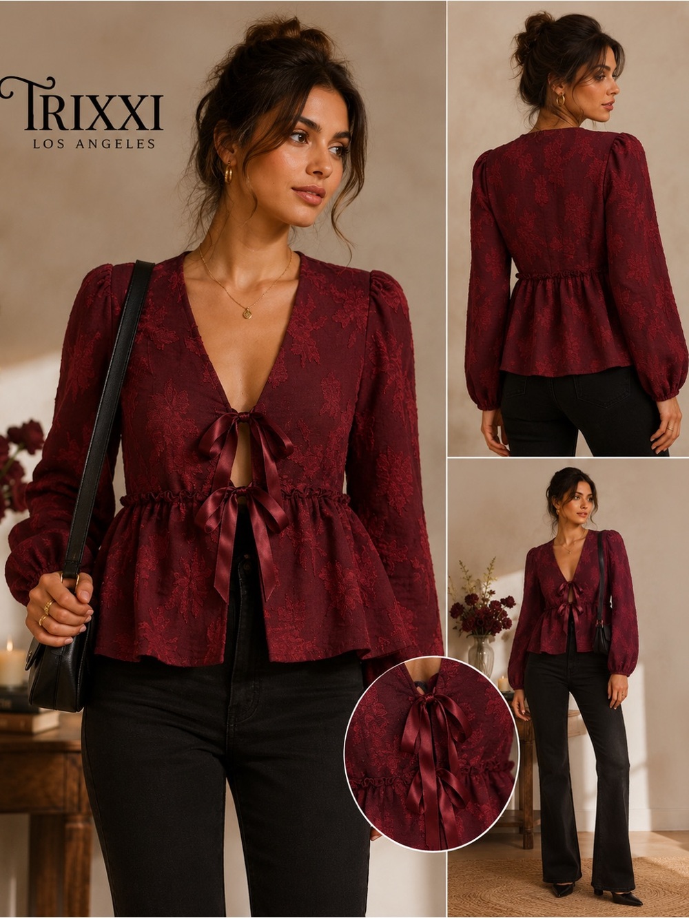 NWT Trixxi Los Angeles Burgundy Floral Jacquard Tie Front Peplum Blouse Small C3